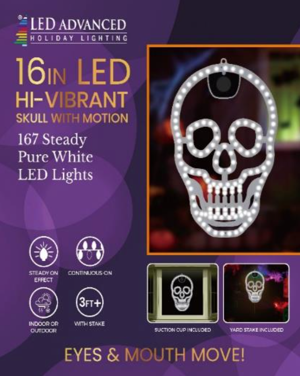 16in Hi-Vibrant "Motion" Skull - 167 Micro Hi-Intensity Led Lights - Steady Pure White