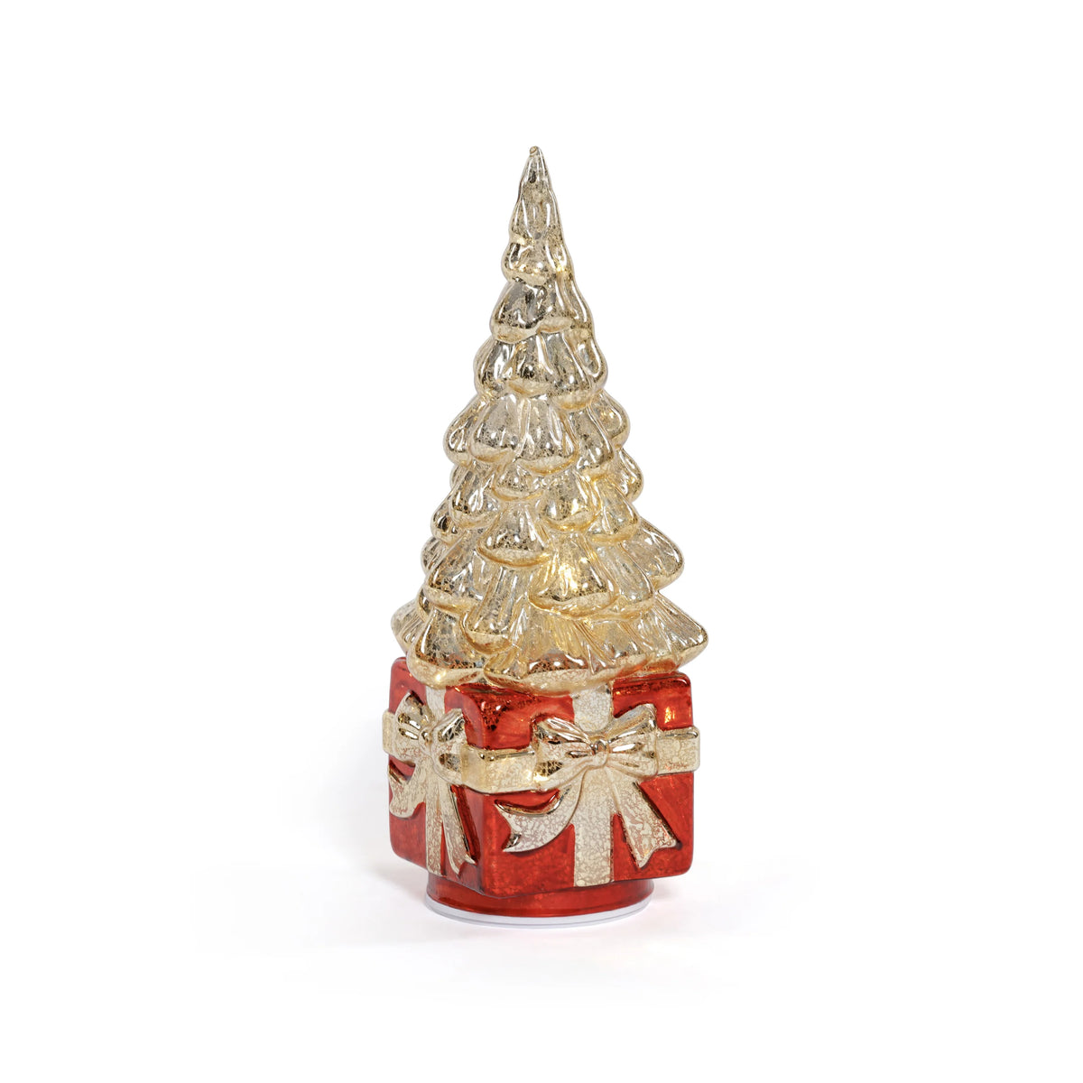 LED Rotating Tree on Present, Gold on Red w/ Gold