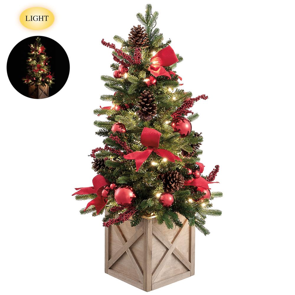 38" Pine Tree in Planter with Berries + Balls - Lit