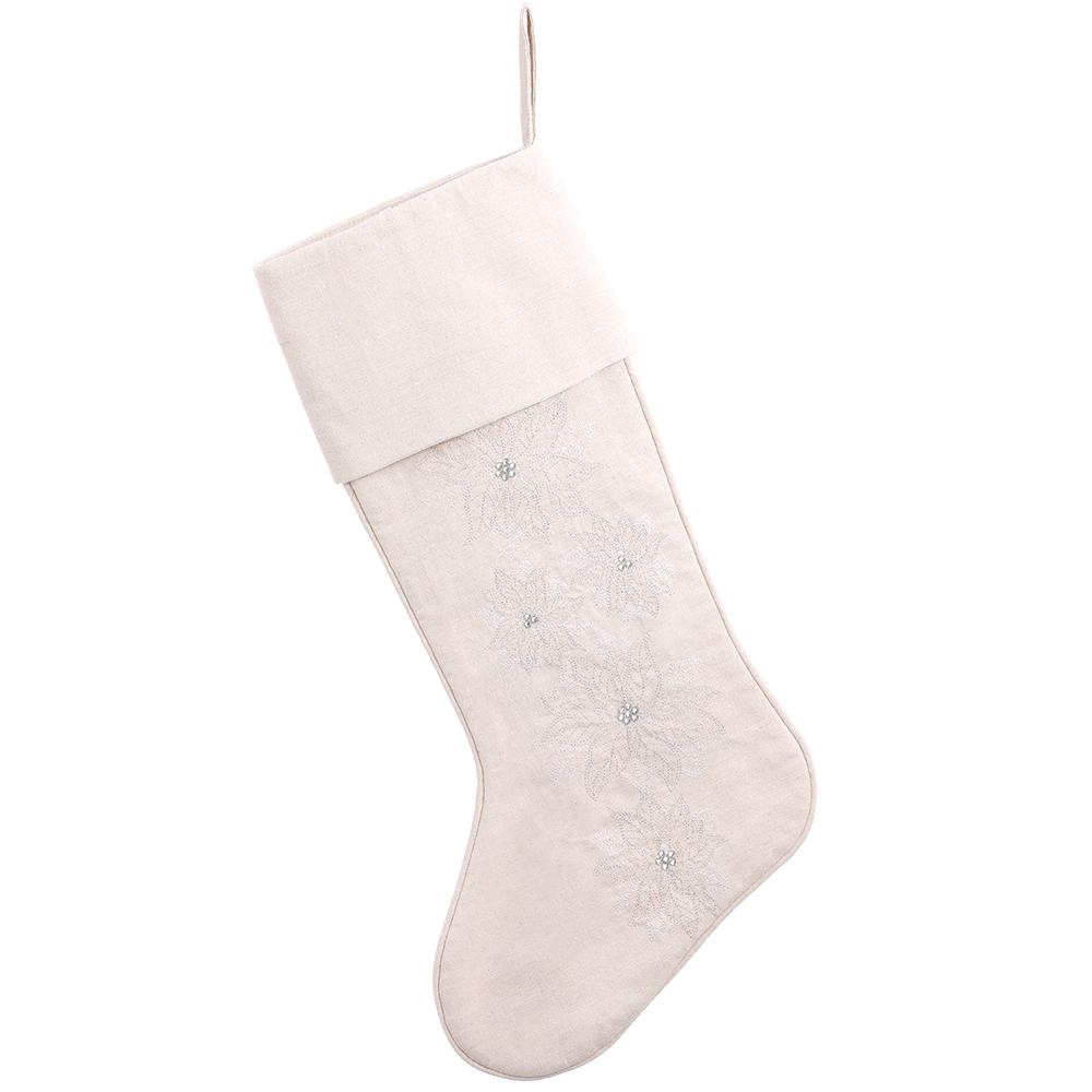 25" Rhinestone Poinsettia Stocking - Cream + Silver