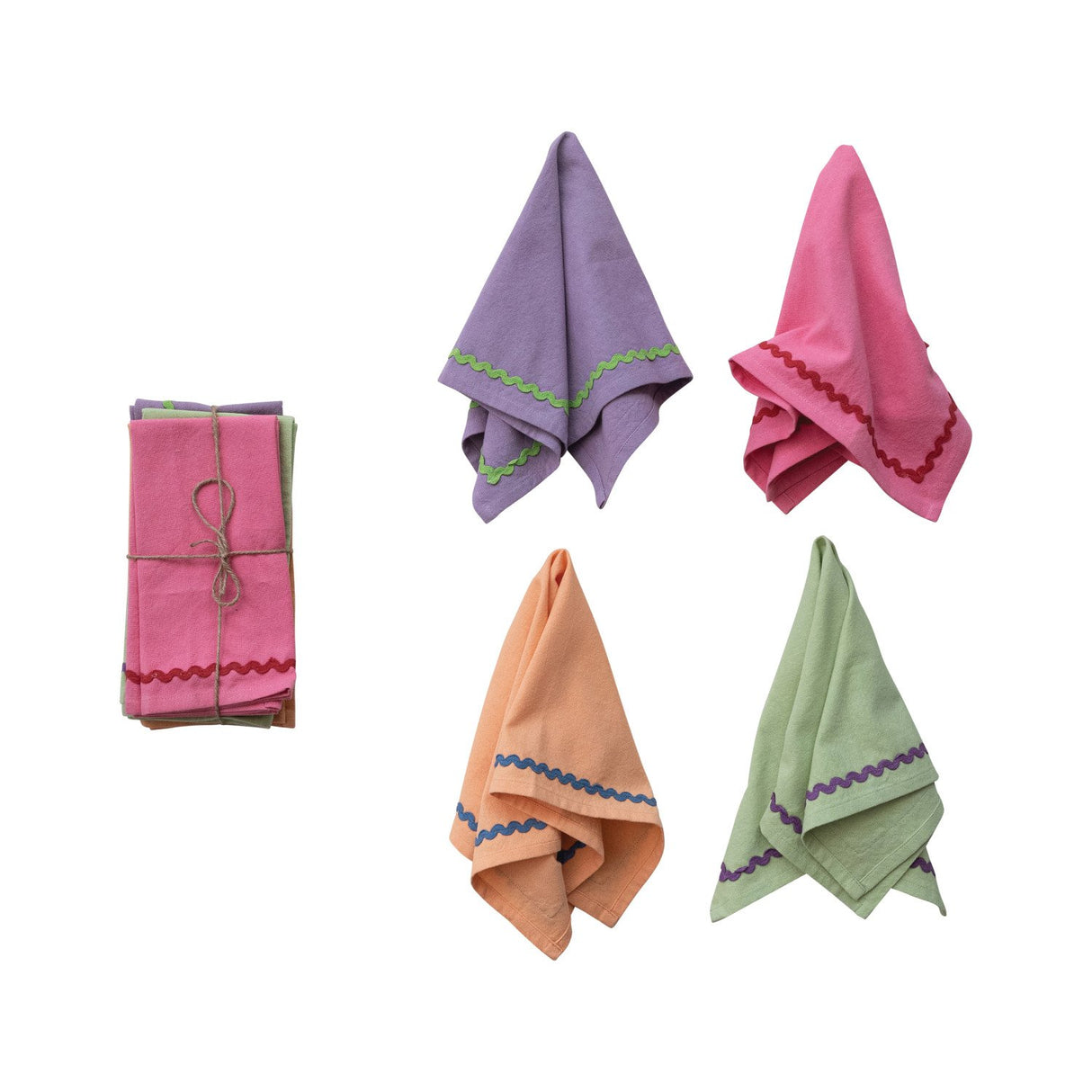 18" Square Cotton Napkins, Set of 4 Tied with Jute