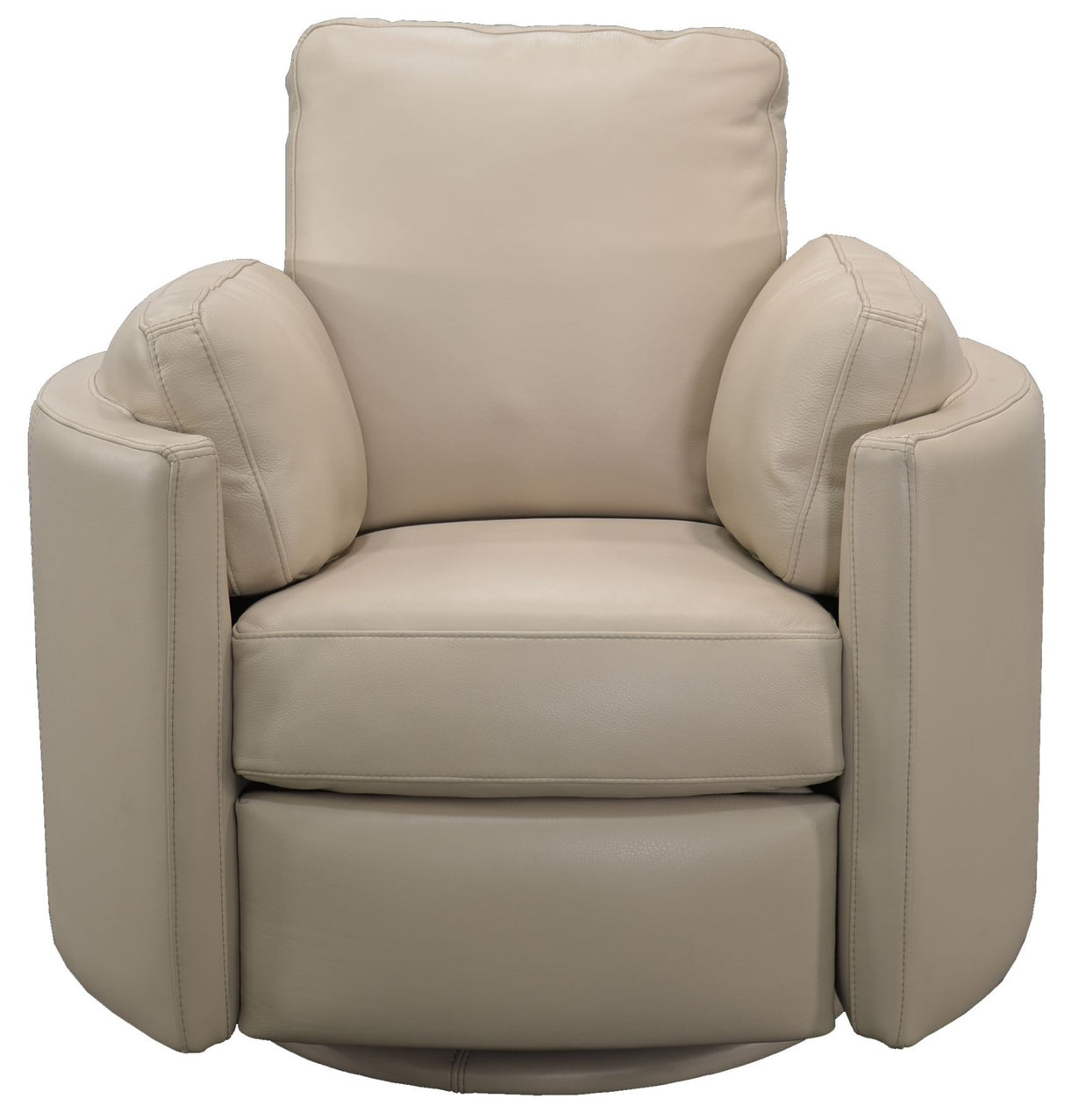 Raleigh Push Back Recliner upholstered in Amalfi gray taupe leather, featuring padded seat and back cushions with clean, squared arms and subtle stitching details. The recliner has a modern, streamlined silhouette with a swivel base, shown in a neutral living room setting