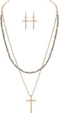 Gold and Grey Bead Layered Cross Necklace with Earrings