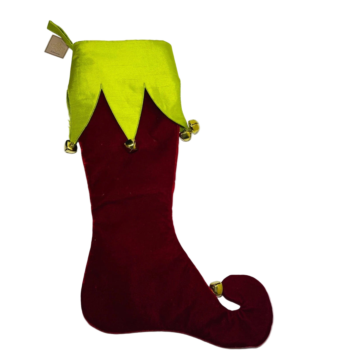 23" Faux Velvet Jester Stocking Green Dupion Cuff - Red