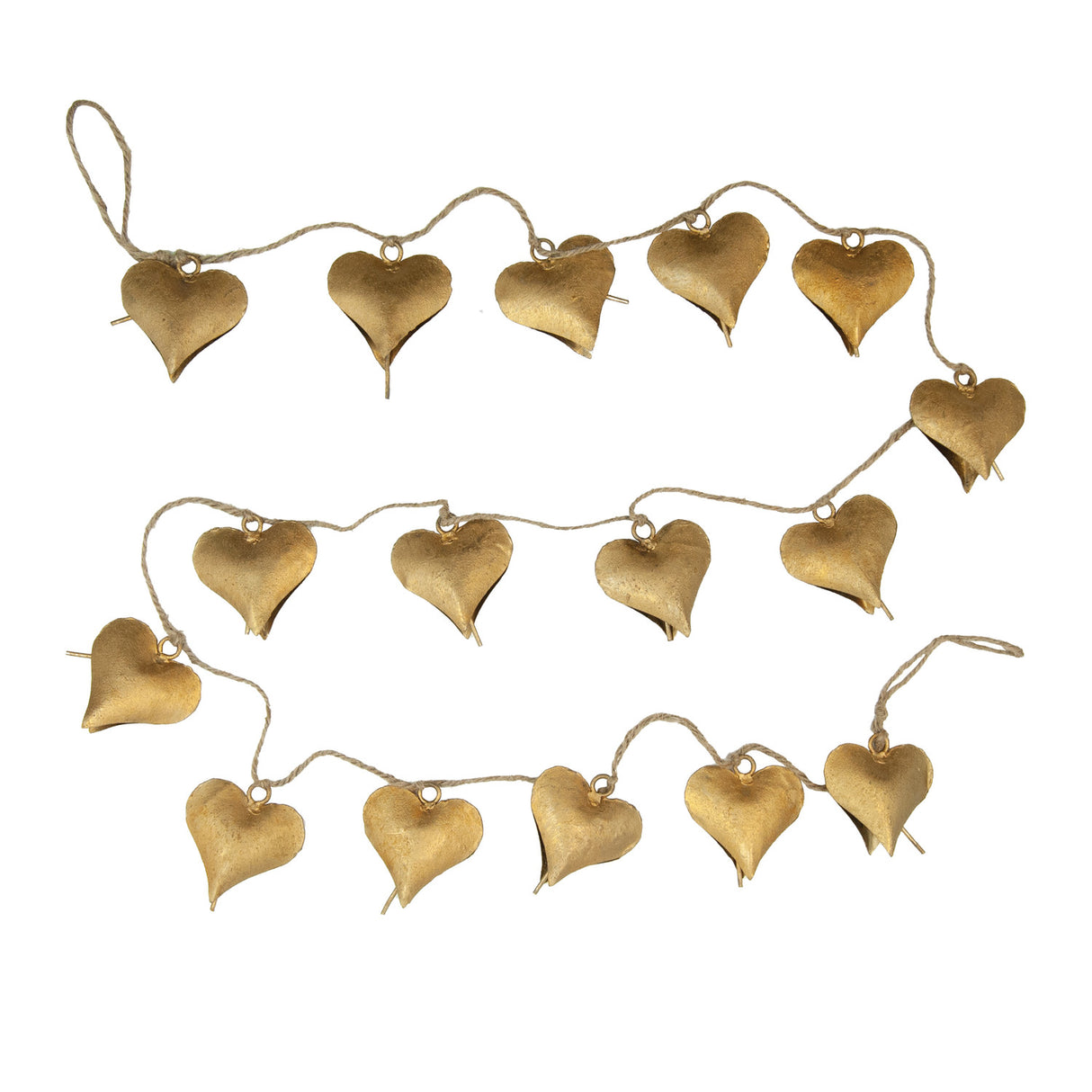 Metal Heart Shaped Bell Garland with Jute Cord -Gold Finish