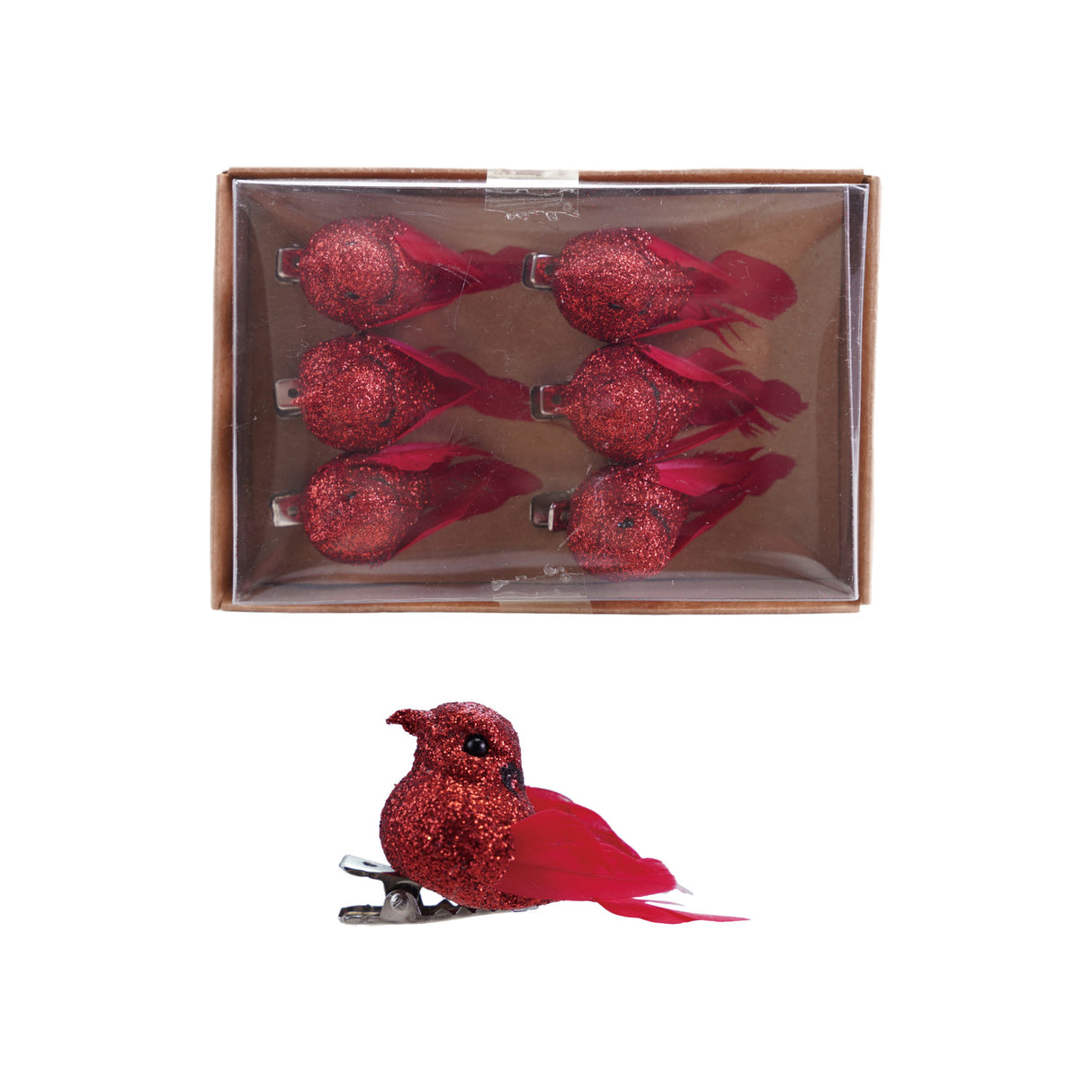Foam-Feather Bird Clip on Ornaments with Glitter Boxed -Set of 6