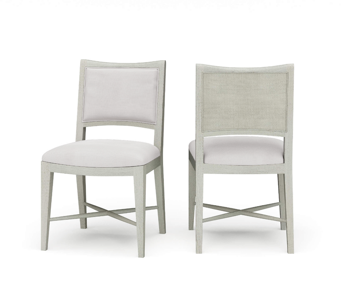 Fitzrovia Dining Chair with off-white upholstered seat and white rattan backrest in a light wood frame
