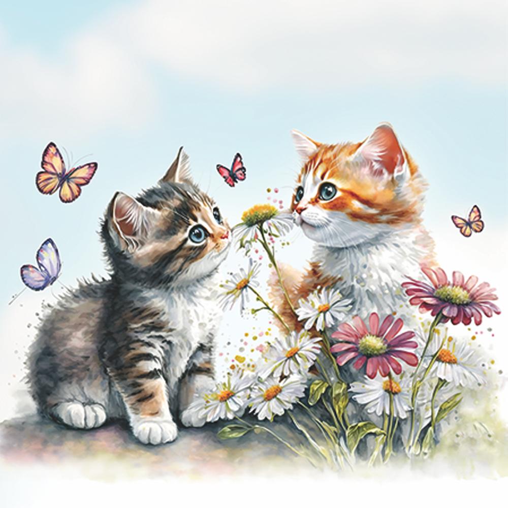 BEVERAGE NAPKIN - KITTENS IN FLOWER FIELD