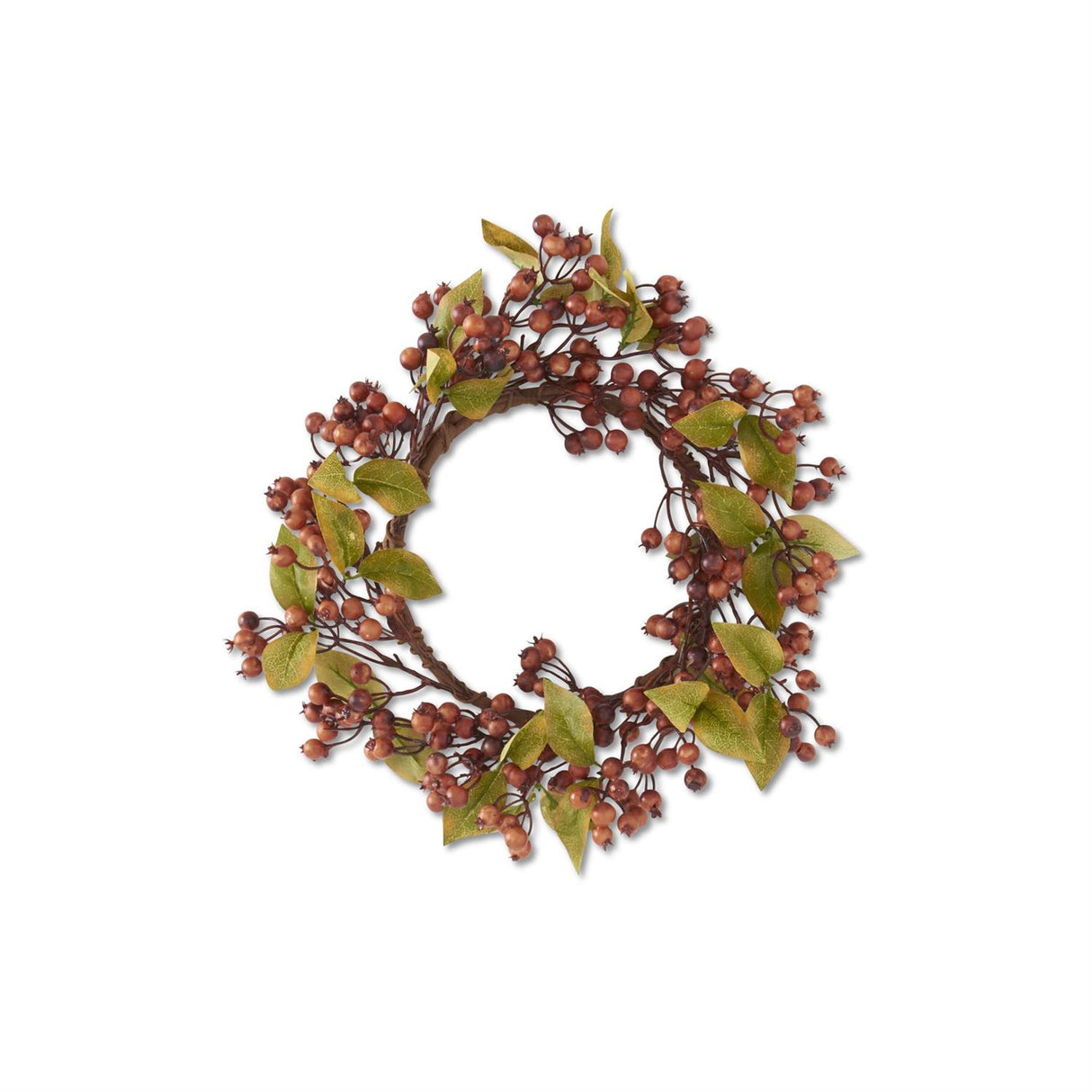 15" Brown Berry Candle Ring w/Green Leaves