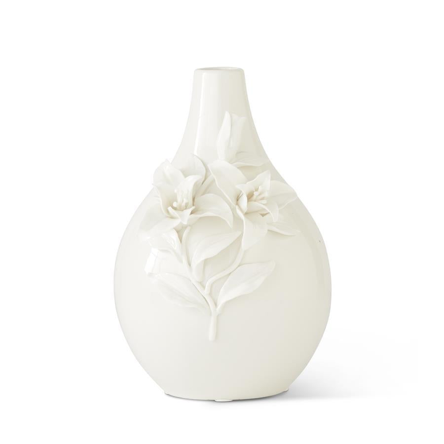 10.5 Inch White Ceramic Bottle Neck Vase w/Raised Lilly