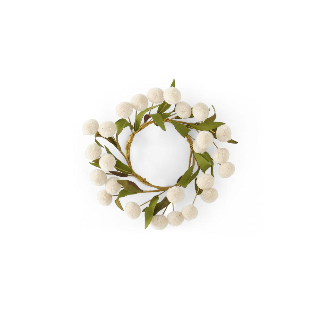 8.5" Cream Pompom w/Green Eva Leaves Candle Ring