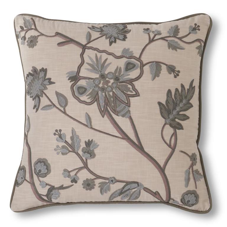 20 Inch Square Light Beige Cotton Pillow w/Gray Flower