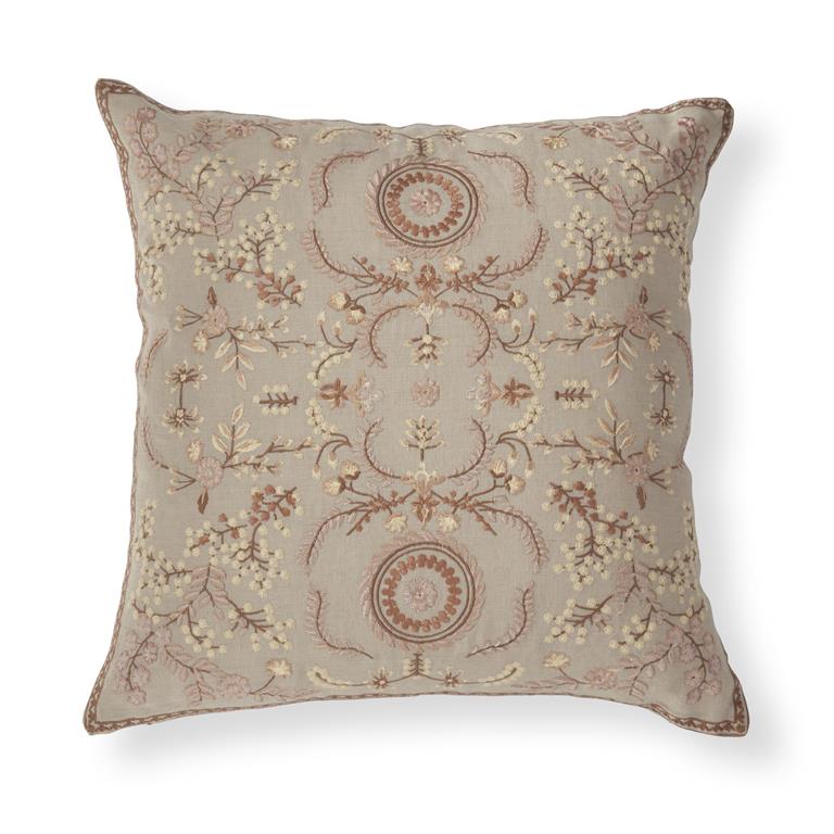 20 Inch Taupe Linen w/Brown Tone Embroidered Floral Pillow