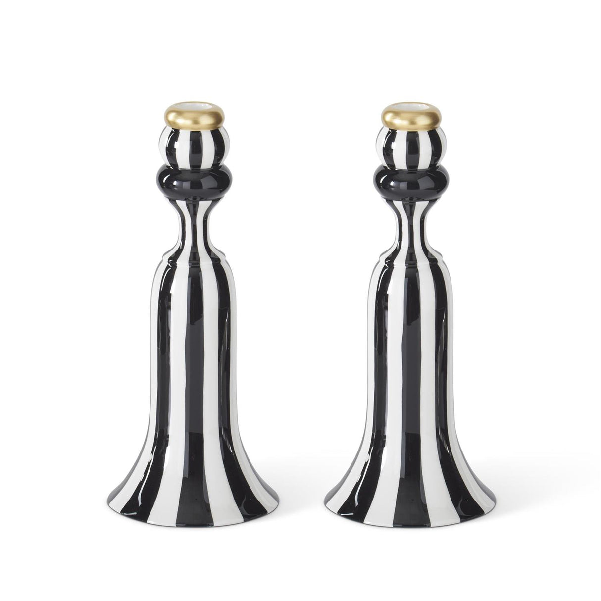 2  10 Inch Black & White Striped Ceramic Taper Candleholders