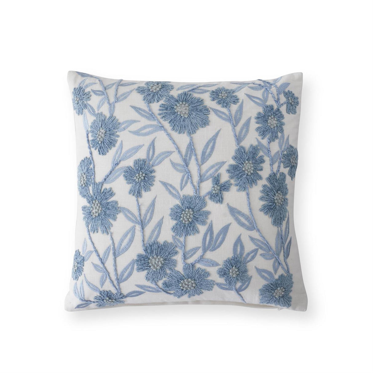 18" Square White Linen & Blue Embroidered Floral Pillow