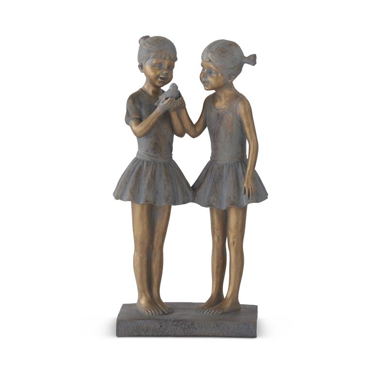 20.5 Inch Blue & Gold Resin Girls w/Bird Statue