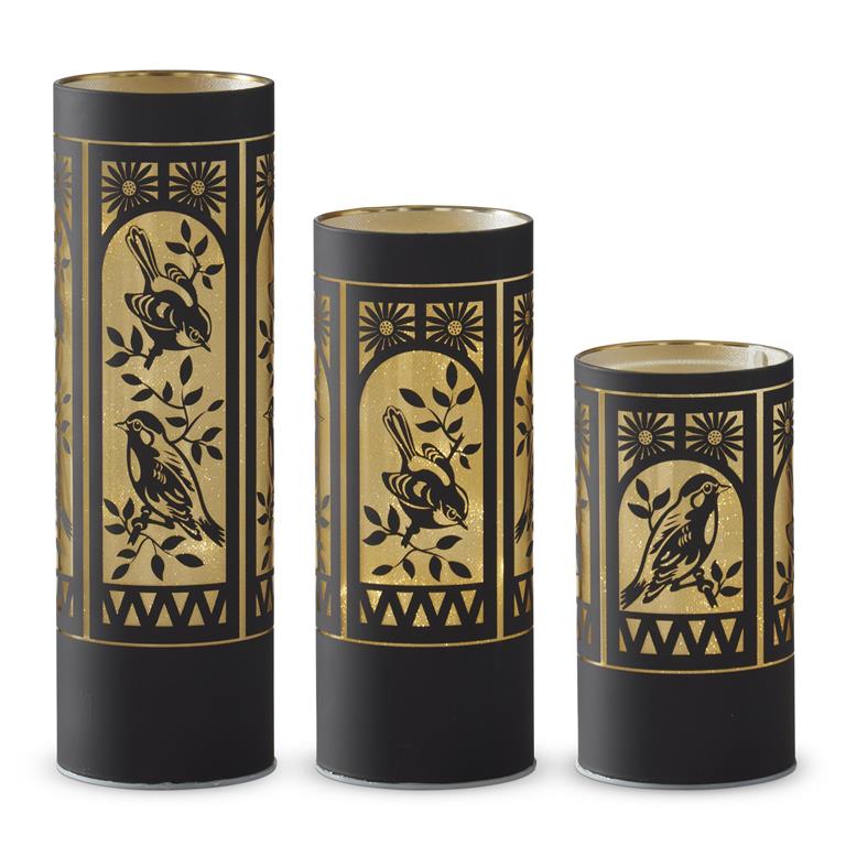 Matte Black Glass LED Birds Cylinder Lanterns