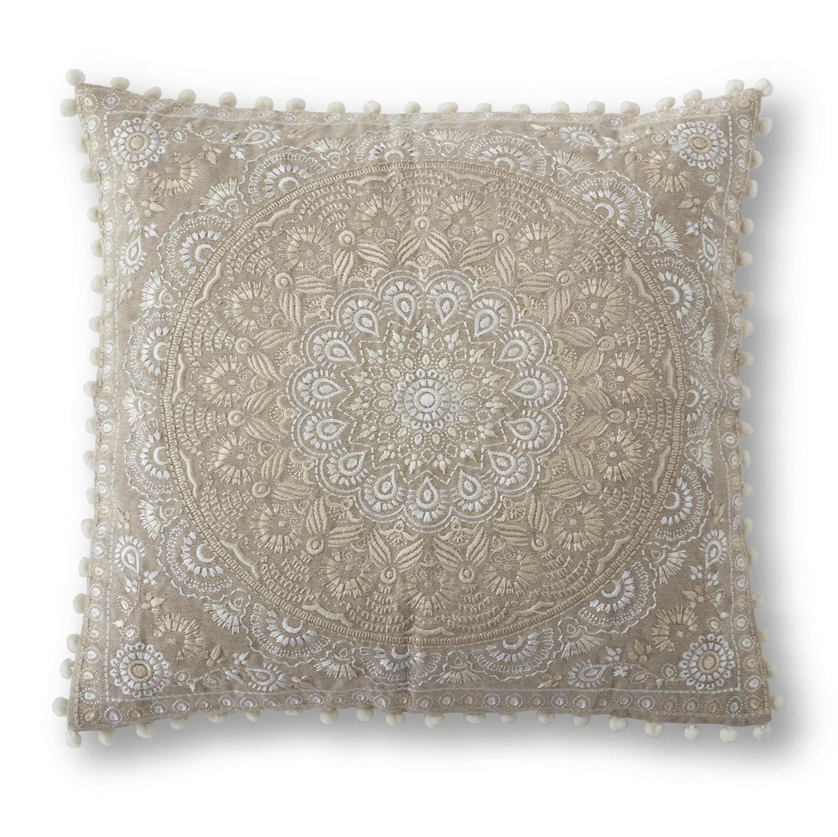 20 Inch Square Tan Medallion Embroidered Pillow w/Pom