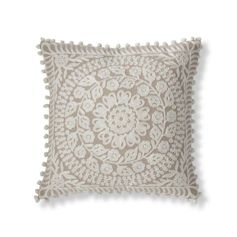 20 Inch Pom Pom Trim Handcrafted Beige & Cream Pillow
