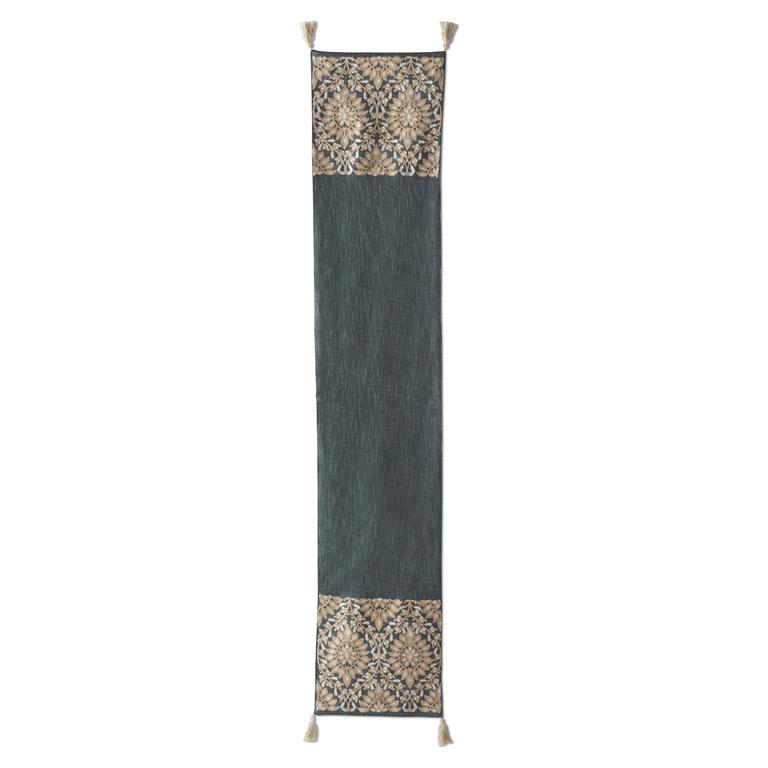 72 Inch Handcrafted Blue & Taupe Embroidered Floral