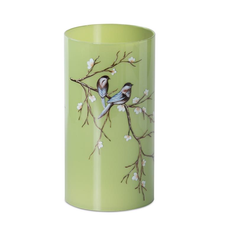 7.75 Inch Green w/Blue Birds Glass Cylinder Candle Slip with Cream Candle - SOLD AS SET