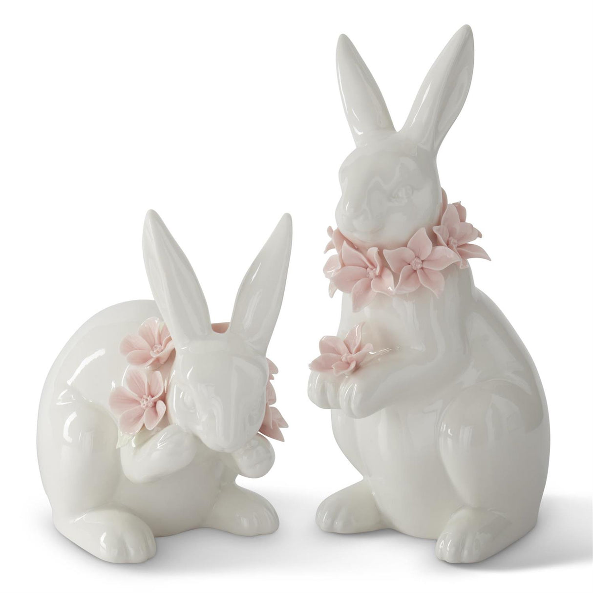 White Ceramic Easter Bunnies w/Pink Flowers