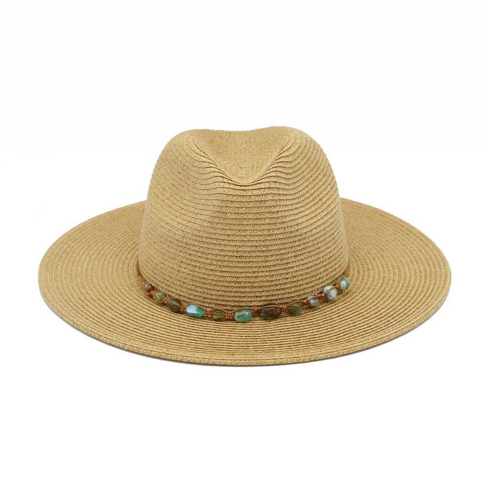 Straw Fedora Hat With Turquoise Stone Band - Tan