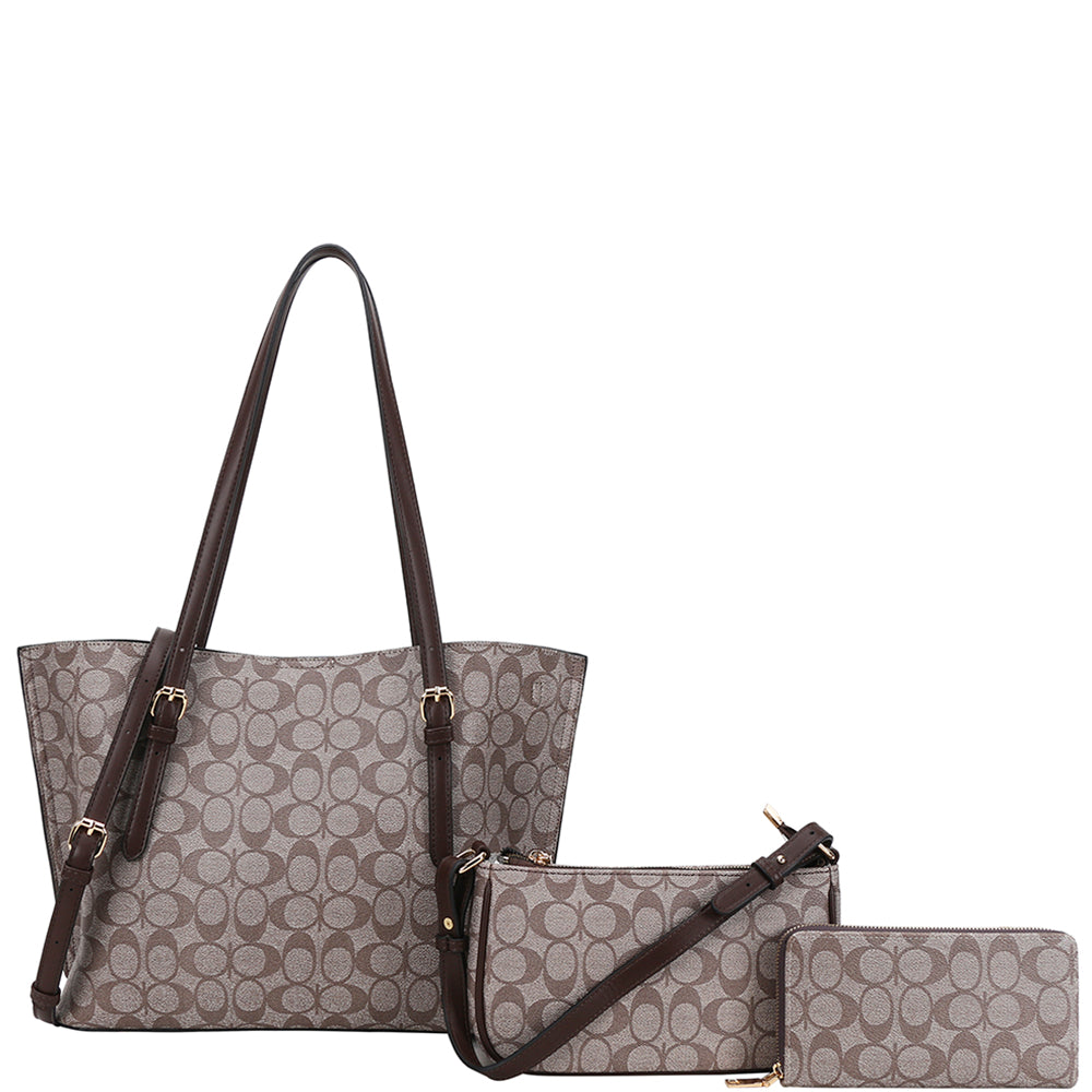 3 in 1 Oval Print Shoulder Tote Bag w/ Crossbody and Wallet Set