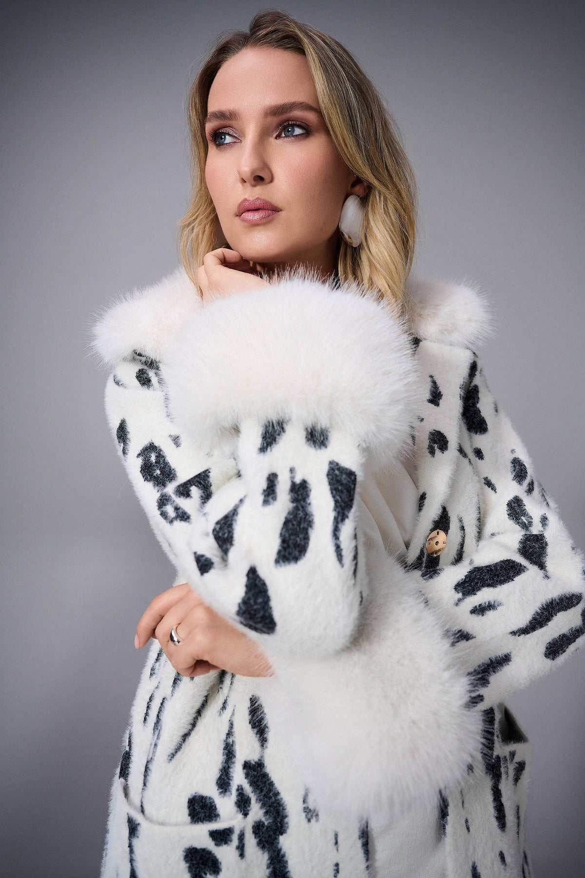 Feather Yarn Animal Jacquard Coat with Faux Fur Trim – The