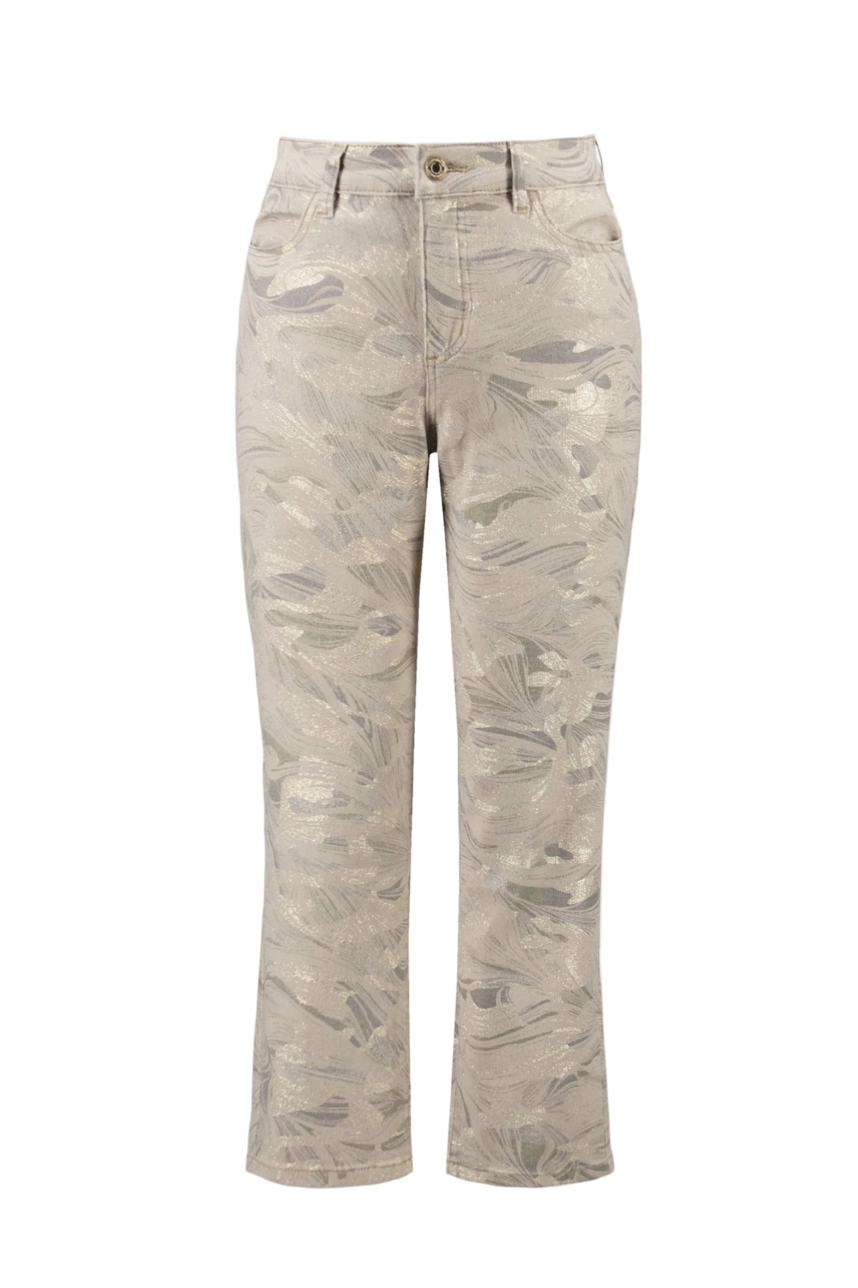 Metallic Abstract Print Slim Crop Jeans - Taupe/Gold