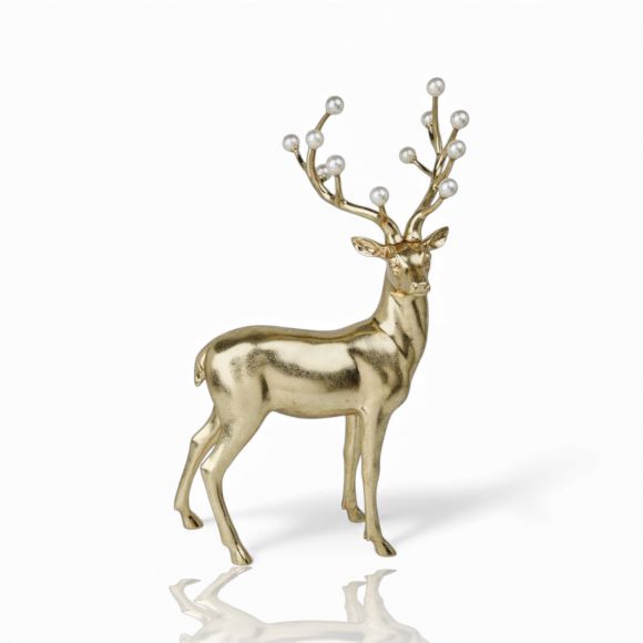 20" Gold Standing Deer with White Pearls