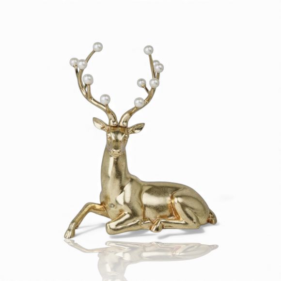 14" Gold Laying Deer with White Pearls
