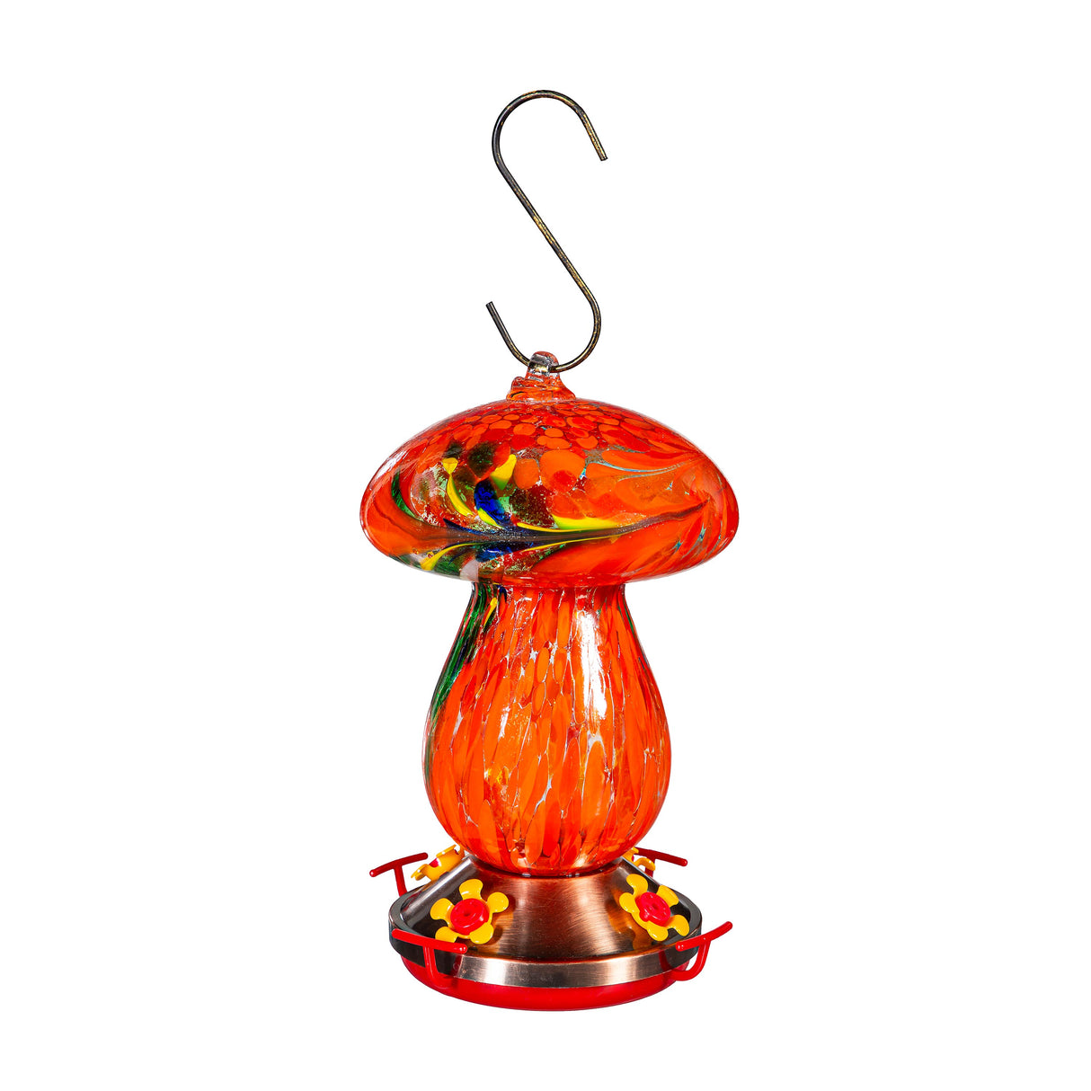 Art Glass Hanging Mushroom Hummingbird Feeder - Orange