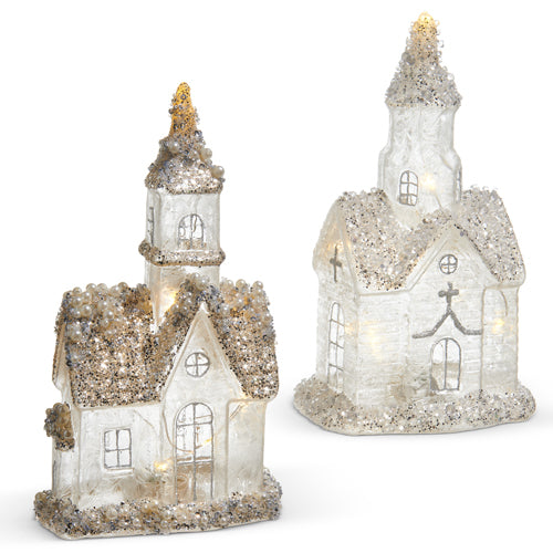 9" Glittered Lighted Church