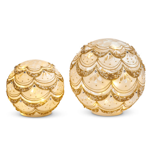 8" Lighted White and Gold Pearl Orbs