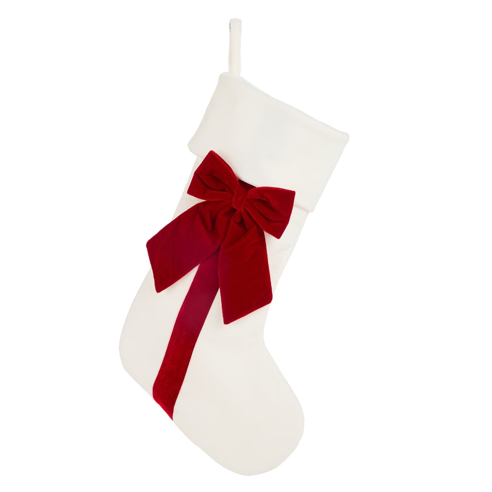 22" White Velvet Stocking with Red Velvet Bow