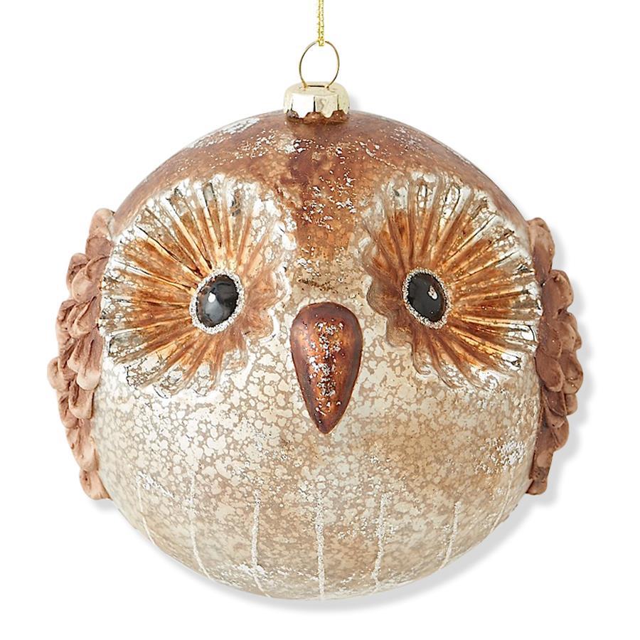 5 Inch Round Antique Mercury Glass Owl Ornament