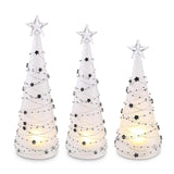 3 Frosted Glass Silver Star Garland LED Christmas Trees w/Timers