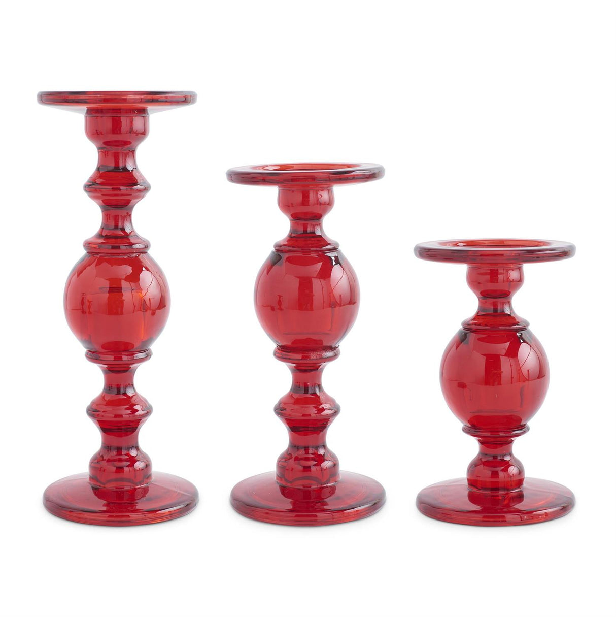 3 Red Transparent Glass Taper/Pillar Candle Holders