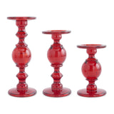 3 Red Transparent Glass Taper/Pillar Candle Holders