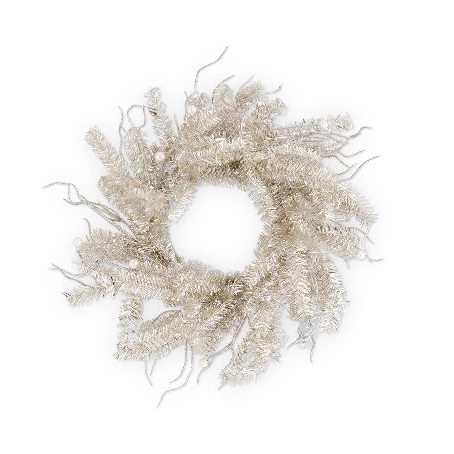 18 Inch Champagne Tinsel Twig and Pearl Wreath *