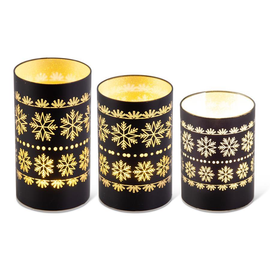 Set of 3 Black Laser Engraved Snowflake LED Cyl