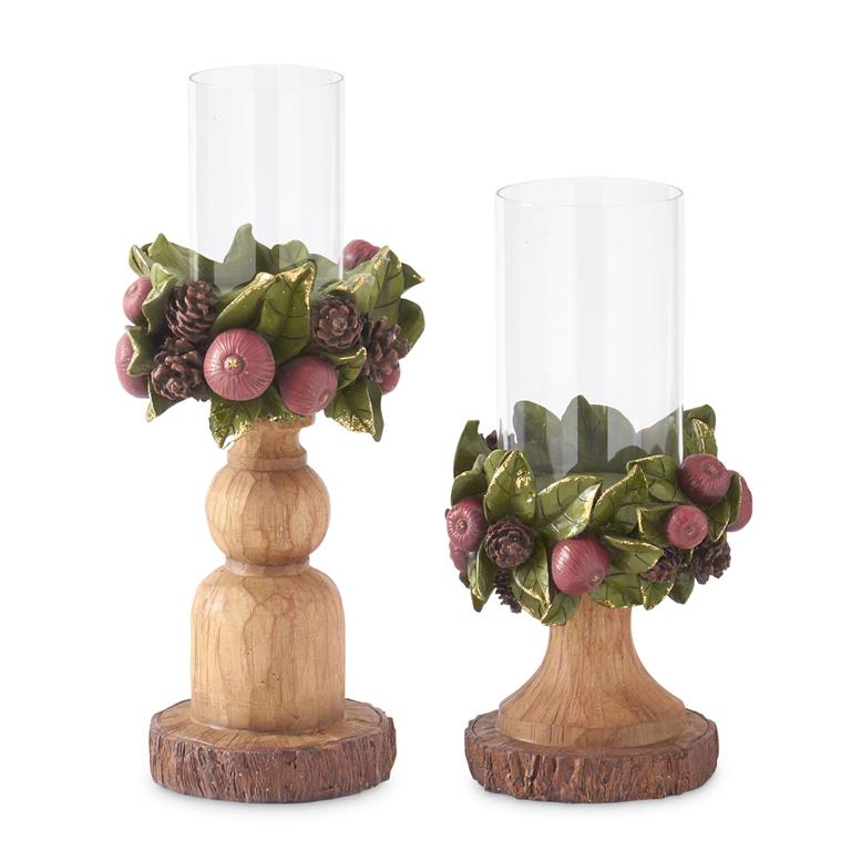 2 Resin Woodgrain Candleholders w/Glass