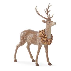 2 Resin Faux Woodgrain Deer w/Gold Wreaths