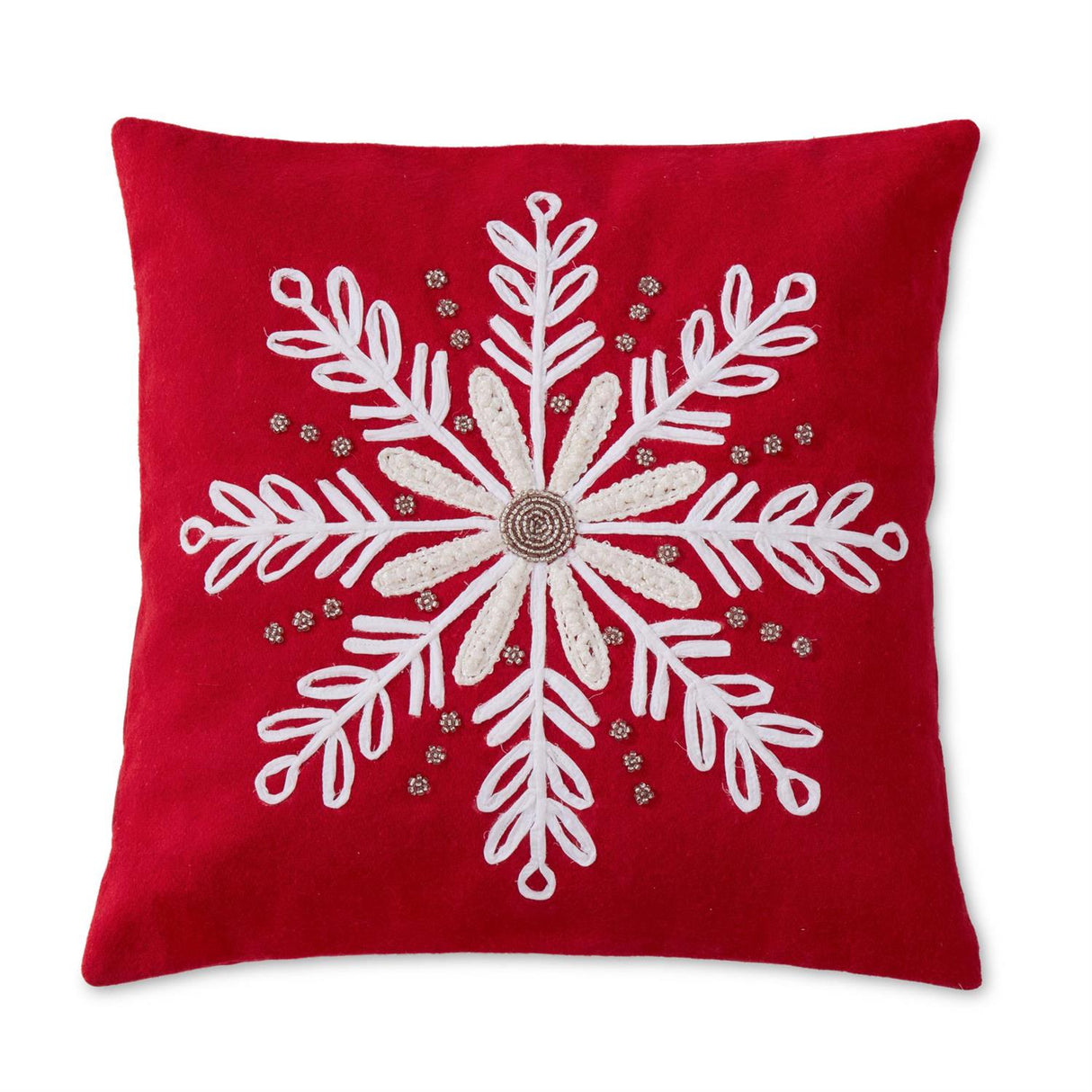 20 Inch Red Wool Pillow w/White Beaded Snowflake Applique