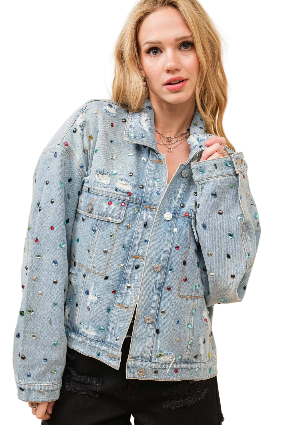 Distressed Colorful Jewel Embellished Stone Oversized Demin Jacket