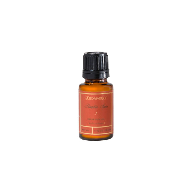 A small bottle of Pumpkin Spice Refresher Oil by Aromatique with a dark label and orange text on a plain background.