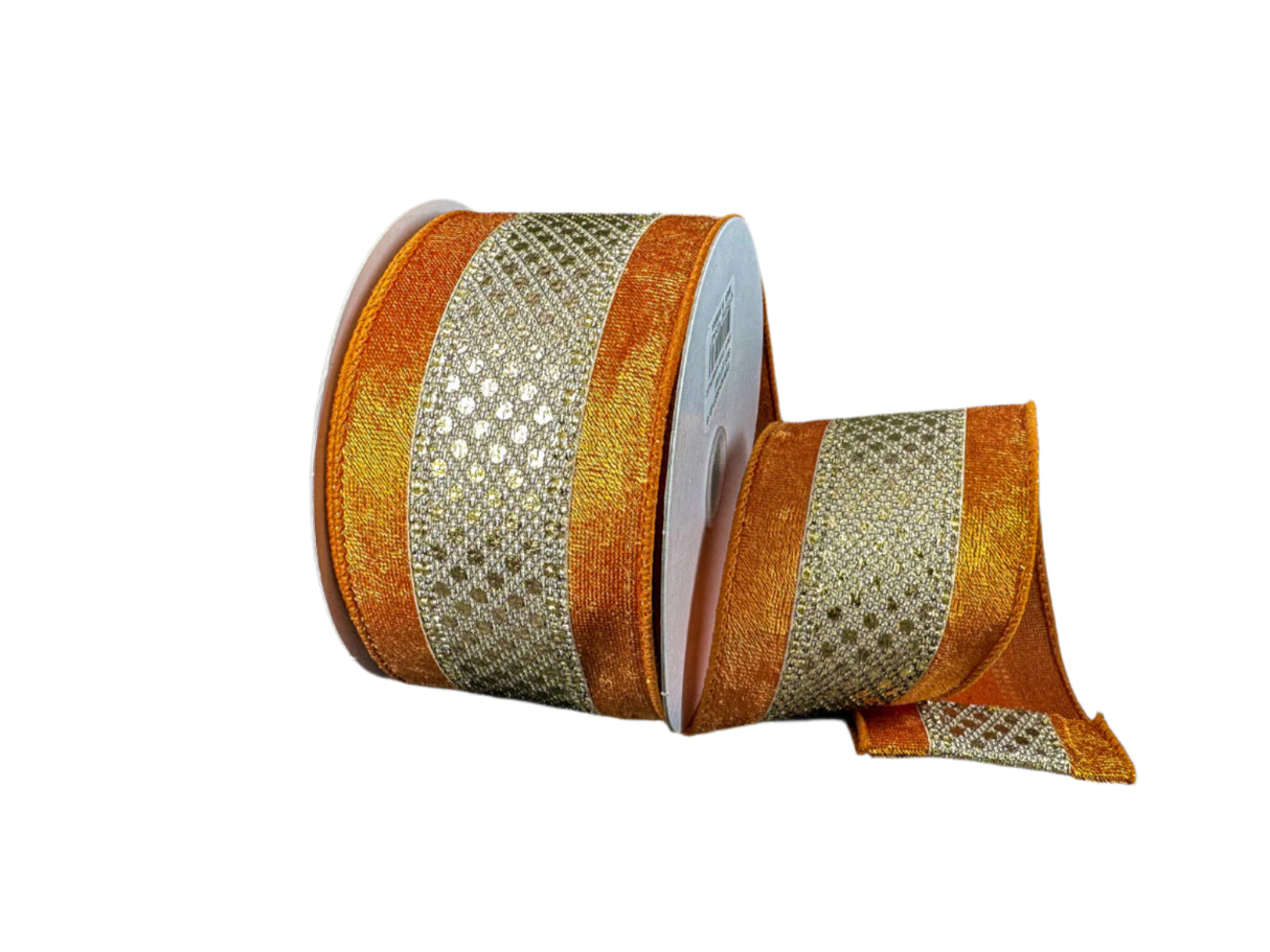 Gold Metallic-Black Mesh + Light Rust Velvet Edge Ribbon - 2.5" x 10y