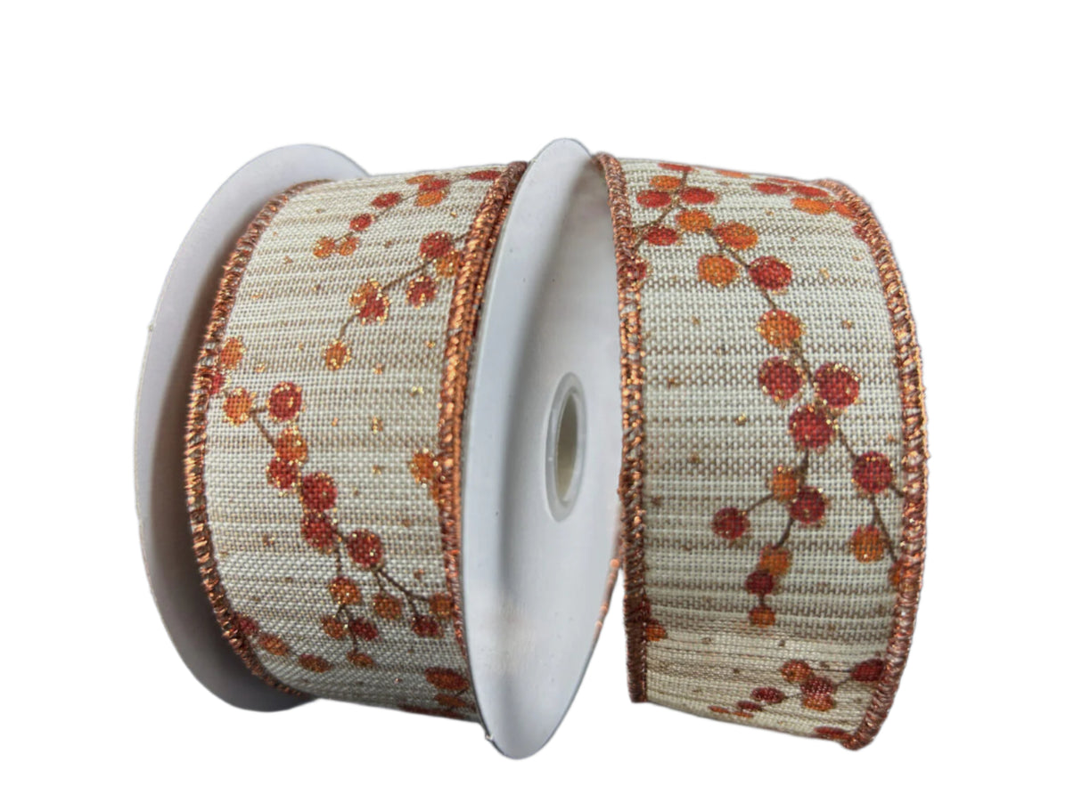 Natural + Brown + Orange Berry Branches Ribbon -  1.5" x 10y