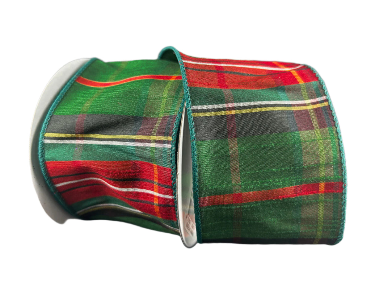 Emerald + Black Dupioni Tartan Plaid Ribbon -  2.5" x 10y